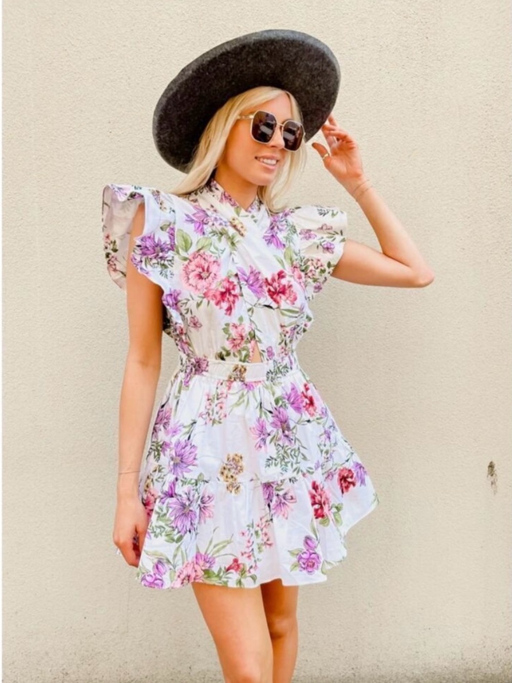 Reset by Jane Floral Kyla Mini Dress High Neck in white floral print size Large